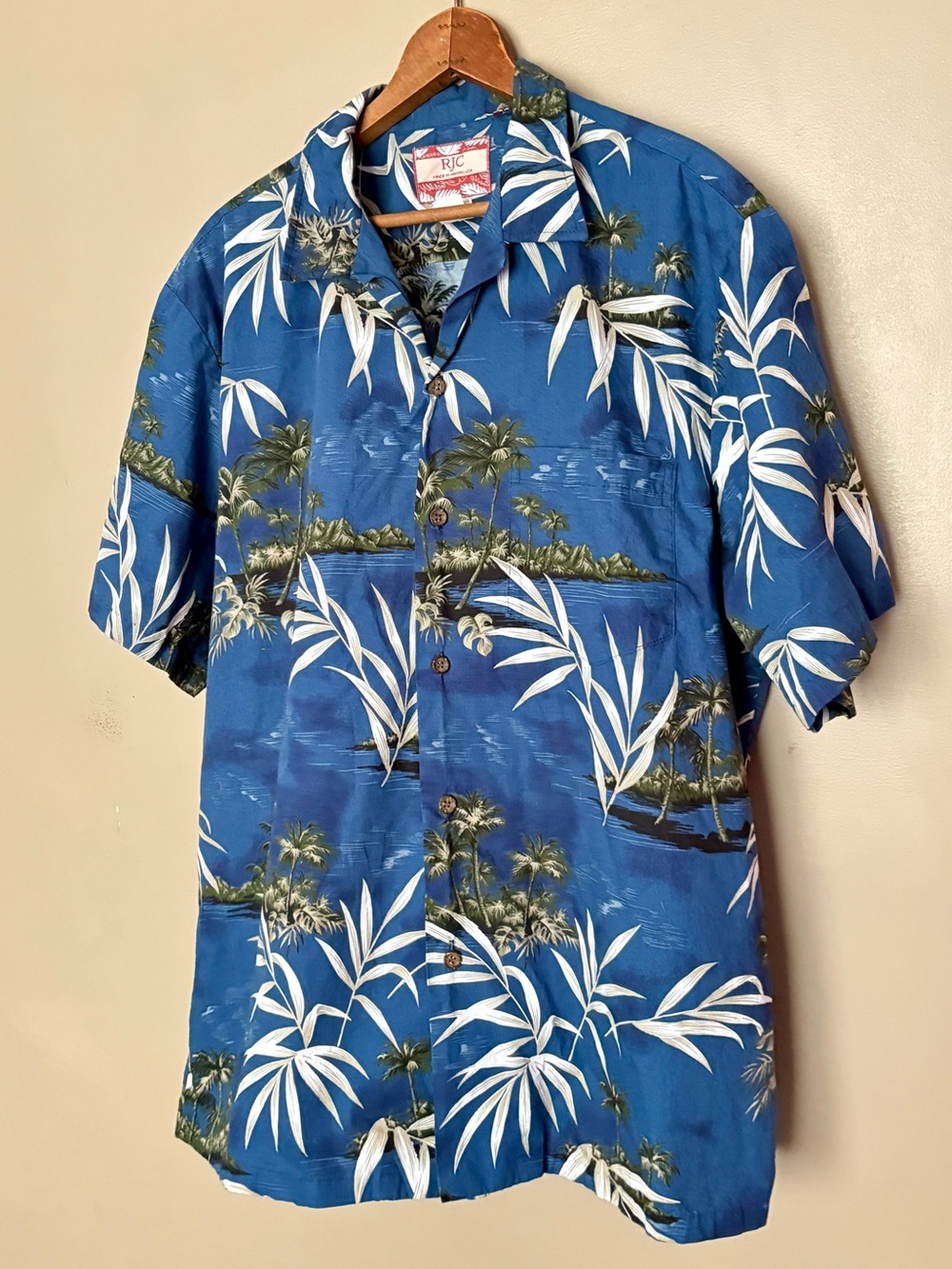 vintage RJC blue Hawaiian Aloha button down shirt tropical palm leaves XL EUC - Picture 4 of 14